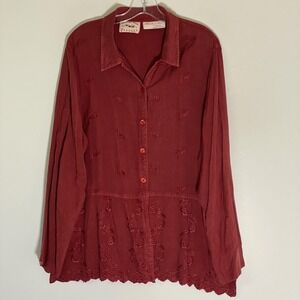 Vintage Country Wear Casuals Top Womens 2X Red Embroidered Tunic Long Sleeve